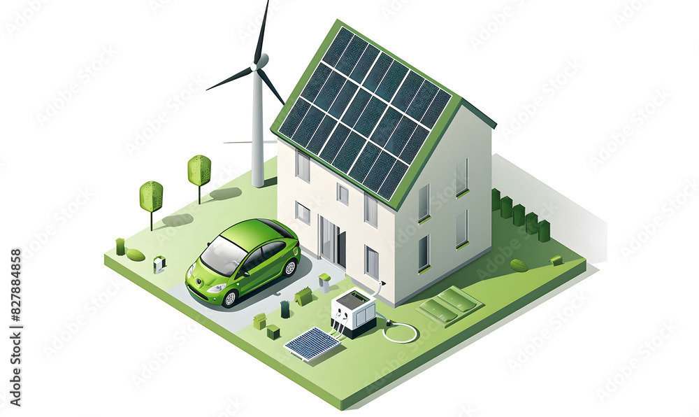 A large battery charging an electric car, with solar panels on the roof of a house and wind turbines in the background. A green energy concept vector. Generated AI.