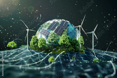 3D rendering of Earth with solar panels, wind turbines and trees. A green energy concept illustration with water flow and electric lines around the planet. Generatred AI. photo