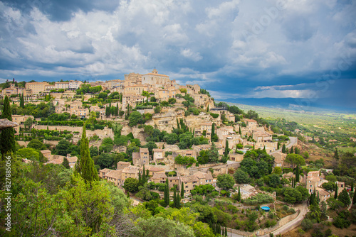 A view of a medieval place in France. There is Gordes city, travels in Provence.