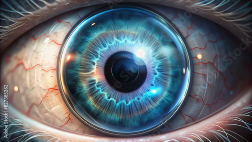 eye with artificial glass cornea concept of ophthalmology and laser correction