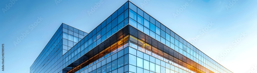 Modern corporate building with clean lines and reflective glass, under a clear blue sky, epitomizing sleek business design Modern corporate building with clean lines and reflective glass, under a clear blue sky, epitomizing sleek business design