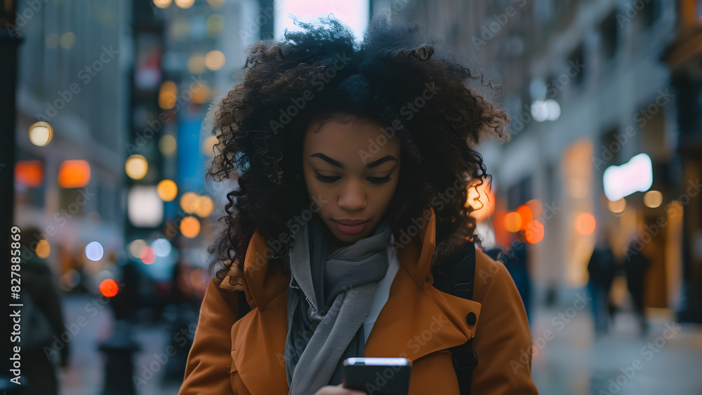 woman using her smartphone, walking on the city street, answering work messages woman using her smartphone, walking on the city street, answering work messages