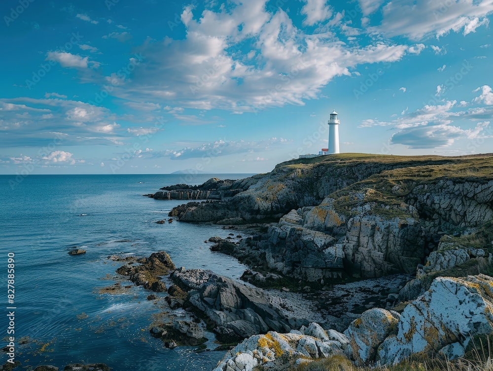 Picturesque coastal view featuring a stunning white lighthouse perched atop rugged cliffs, set against a vibrant blue sky with fluffy clouds, ideal for travel and nature-themed content.