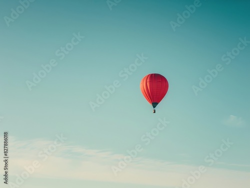 Bright red hot air balloon gliding in the expansive blue sky, creating a serene and adventurous atmosphere perfect for travel and freedom-themed imagery.