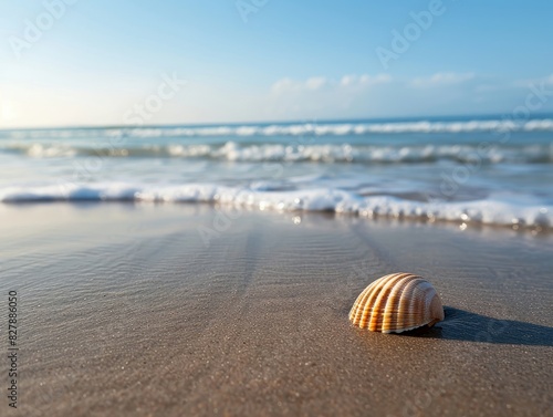 Serene beach scene featuring a detailed seashell on the sandy shore with gentle ocean waves and a clear blue sky, perfect for travel advertising and relaxation themes. © Antonio