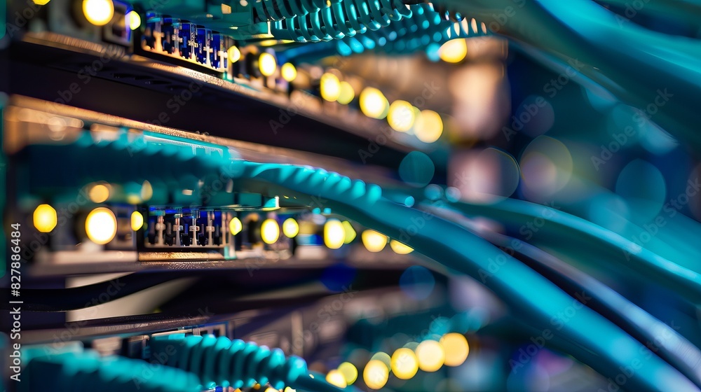 Network equipment with connected wires, close-up of network hardware for system administrators. Structured cabling systems, network switches, data storage, and transmission, with server routers. Network equipment with connected wires, close-up of network hardware for system administrators. Structured cabling systems, network switches, data storage, and transmission, with server routers.