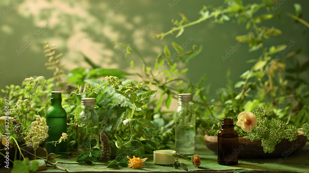 Organic herbal natural essential oil bottles made of plant extract. Cosmetology product for skin care Organic herbal natural essential oil bottles made of plant extract. Cosmetology product for skin care