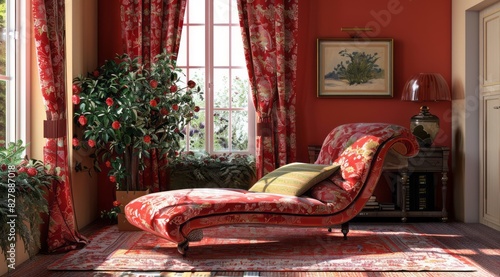 Cozy living room with a red chaise lounge, red floral curtains, and a soft red area rug, creating a relaxing atmosphere