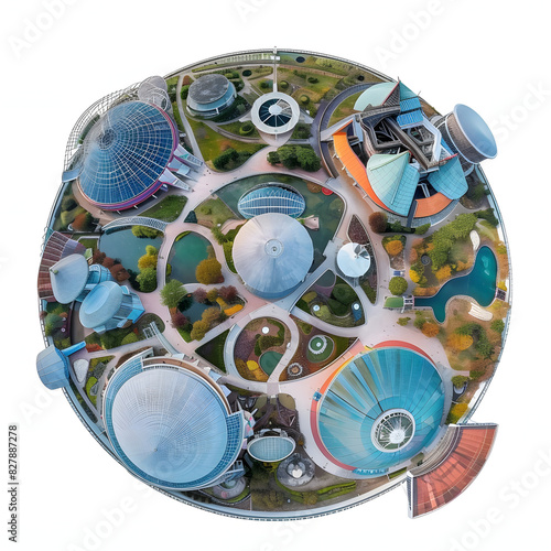 Futuroscope theme park aerial view in poitiers, france isolated on white background, hyperrealism, png
 photo