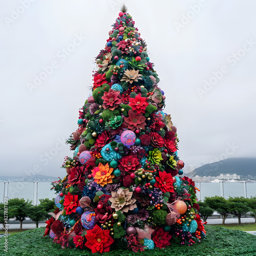 Hong kong, china - december 07, 2023: close up shot of dior christmas tree at waterfront promenade near k11 musea in hong kong isolated on white background, cinematic, png
 photo