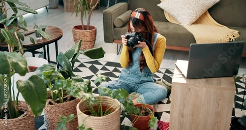 Gardening, photography and woman with plants in home for post on social media, blog and content creator. House, magazine and girl filming leaves with camera for creative project, art or remote work