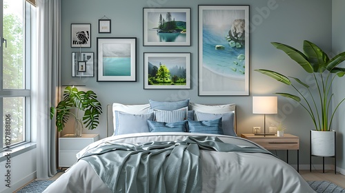 Bedroom featuring a gallery wall of personal photos and art, realistic interior design