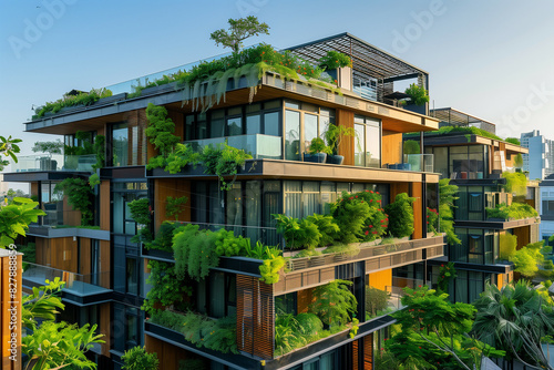 An image showcasing a modern, eco-friendly apartment building, densely adorned with vibrant greenery and sustainable design elements, highlighting the integration of nature with urban living