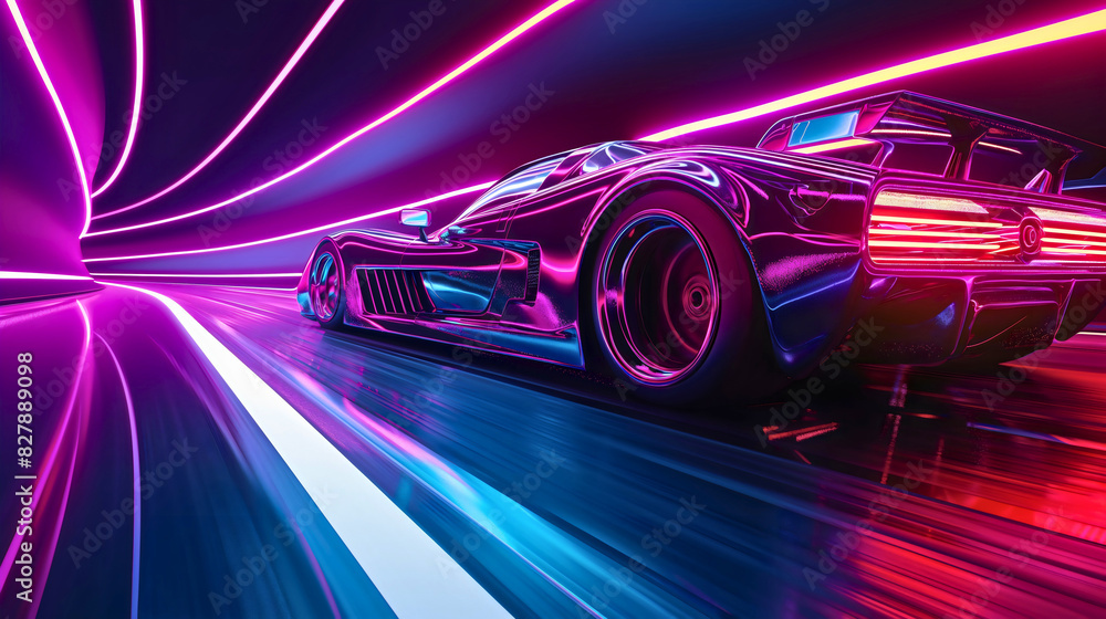 Sports car in motion, moving through the neon pink purple and blue road at fast speed. Abstract night drive, long exposure track, glowing highway asphalt race, automotive power energy, cyberpunk Sports car in motion, moving through the neon pink purple and blue road at fast speed. Abstract night drive, long exposure track, glowing highway asphalt race, automotive power energy, cyberpunk