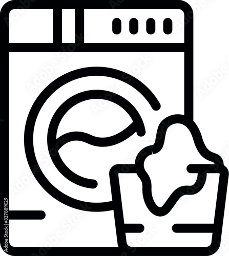 Simple black and white line drawing of a washing machine with clothes in a laundry basket