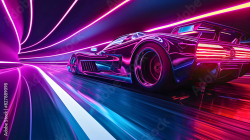 Sports car in motion, moving through the neon pink purple and blue road at fast speed. Abstract night drive, long exposure track, glowing highway asphalt race, automotive power energy, cyberpunk