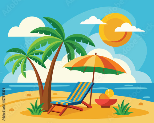 Beach with palm trees and umbrella