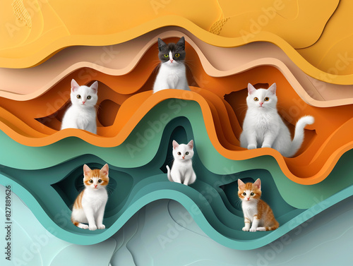 Cats theme wallpaper with related images in layered paper cut style. 