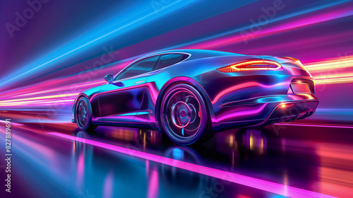 Neon glowing sports car driving on road at night  cyberpunk light trail lines  automotive street race at fast speed through the tunnel  motion blur effect