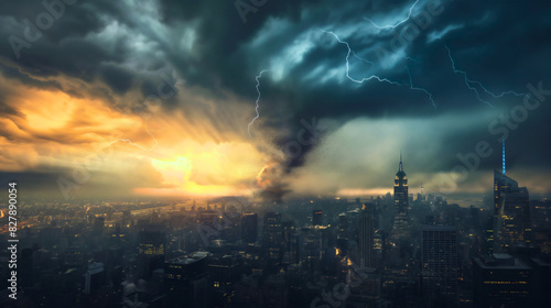 Dark thunderstorm clouds and lighting bolts with tornado hurricane or cyclone above the cityscape. Dangerous stormy weather  climate change  cloudscape meteorology  outdoor skyline