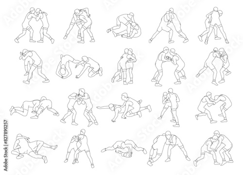 Greco Roman wrestling set. Wrestlers fighting poses, competing. Martial art. Vector illustration isolated on white background