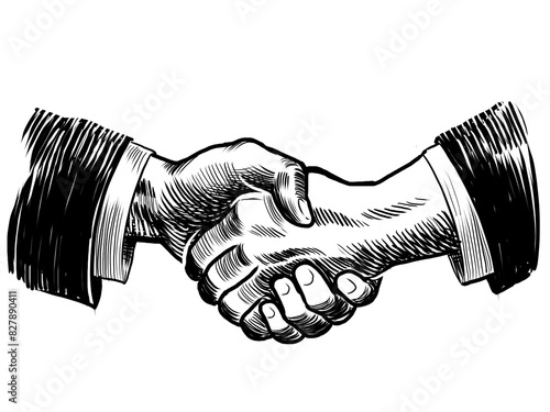 Firm handshake. Hand drawn retro styled black and white illustration