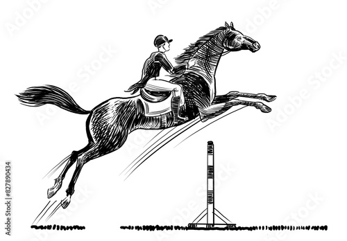 Horse riding. Hand drawn retro styled black and white illustration