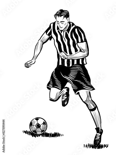 Soccer player. Hand drawn retro styled black and white illustration