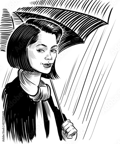 Woman with umbrella. Hand drawn retro styled black and white illustration