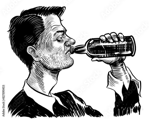 Alcoholic man. Hand drawn retro styled black and white illustration