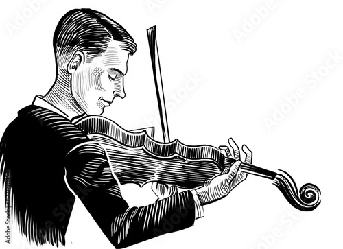 Musician playing violine. Hand drawn retro styled black and white illustration