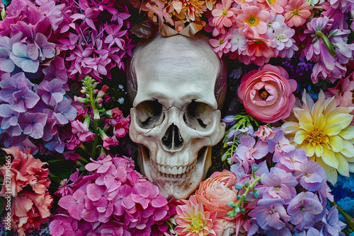 Crâne humain parmi les fleurs photo