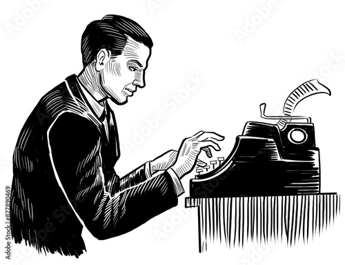Writer typing on type writer. Hand drawn retro styled black and white illustration