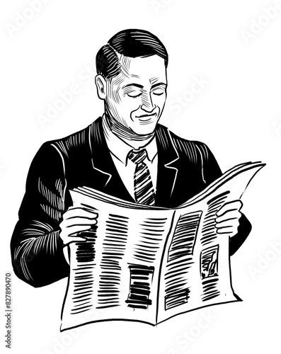 Businessman reading a newspaper. Hand drawn retro styled black and white illustration