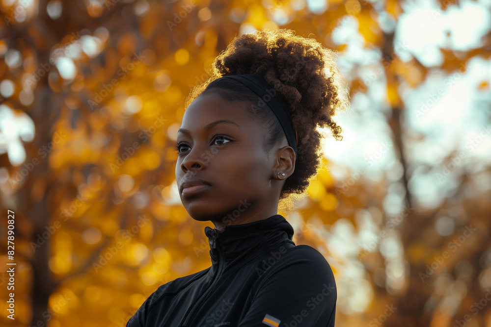 Serene Portrait of a Young African Woman in Autumn: A Glimpse of Grace and Strength Surrounded by Golden Leaves Serene Portrait of a Young African Woman in Autumn: A Glimpse of Grace and Strength Surrounded by Golden Leaves