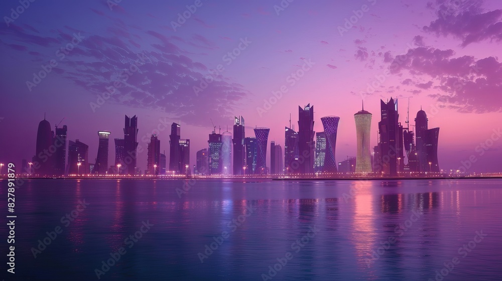 Fototapeta premium The skyline of Doha city after sunset, Qatar.
