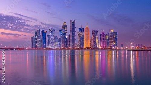 The skyline of Doha city after sunset, Qatar.