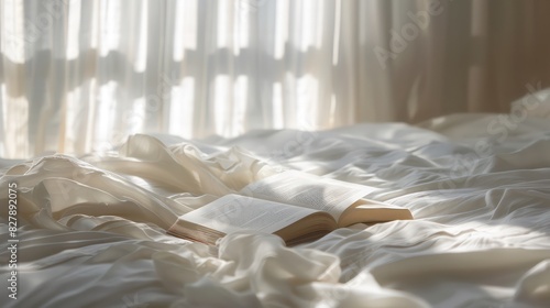 Peaceful scene of a book placed on a bed with white linen, illuminated by the gentle morning light filtering through the curtain © Ibad