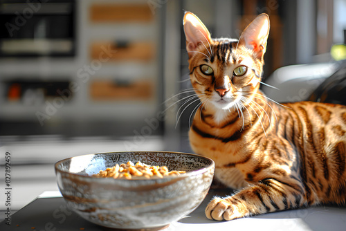 Toyger cat next to of bowl dry food at home. Feeding pets. Advertisement for cat food photo