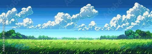 a blue sky with clouds and a green field below  this pixel art game background provides space in the middle of the screen for characters and text