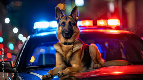 Trained K9 German Shepherd police guard dog sitting on the hood of car vehicle with blue and red lights on security service brown and black animal, street crime, safety, protect