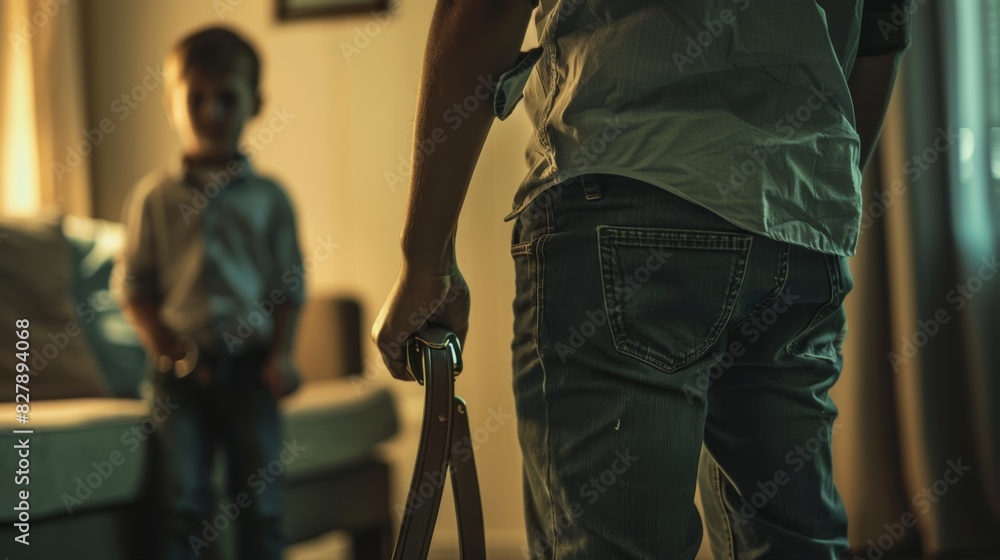 Adult holding a belt, child in background, concept of punishment, domestic scene Adult holding a belt, child in background, concept of punishment, domestic scene