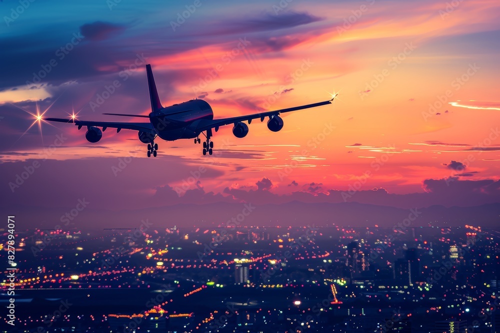 Airplane is flying in colorful sky over city at night Airplane is flying in colorful sky over city at night