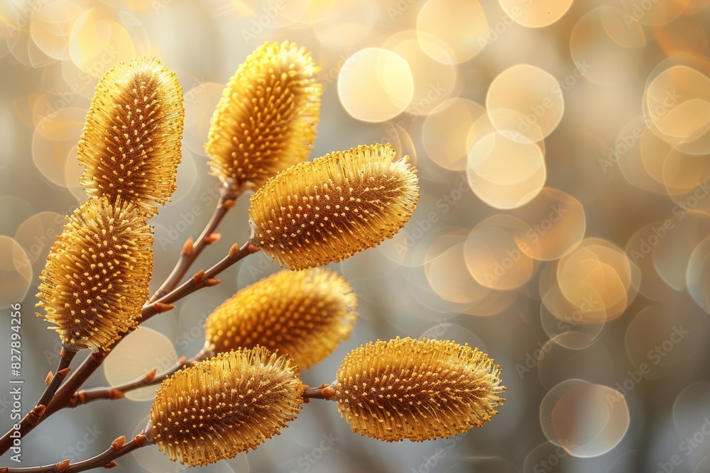 Fototapeta premium Blooming willow tree branch. Willow catkins close-up.
