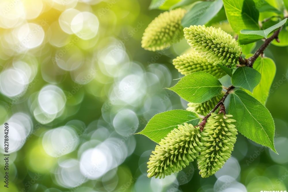 Branch with blooming willows illuminated by soft sunlight against a defocused natural background Branch with blooming willows illuminated by soft sunlight against a defocused natural background