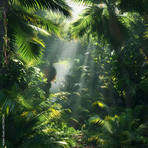 Lush Green Jungle with Sunbeams  Tropical and Dense  Serene Nature Scene  