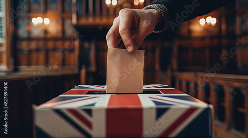 A person entering a vote into a ballot box Great britain union jack flag. United Kingdom elections photo