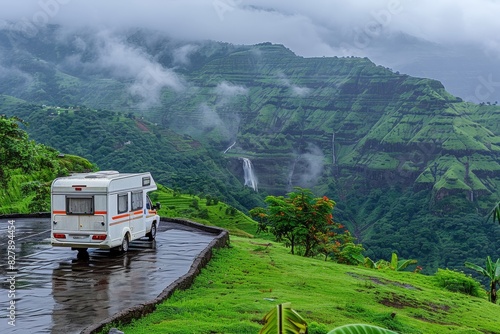 Parked big modern camper motorhome. Family vacation travel RV