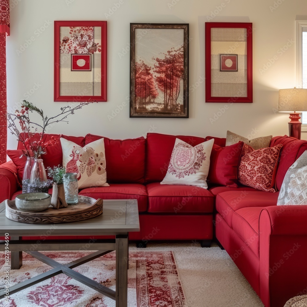 Fototapeta premium Cozy living room with a red sectional sofa, red framed pictures, and a red coffee table centerpiece, perfect for family gatherings