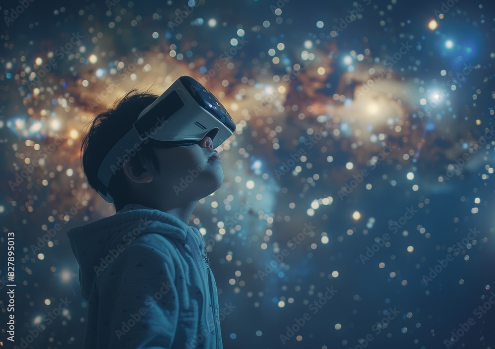 Metaverse and kid concept, child using virtual reality headset in space adventure game Metaverse and kid concept, child using virtual reality headset in space adventure game